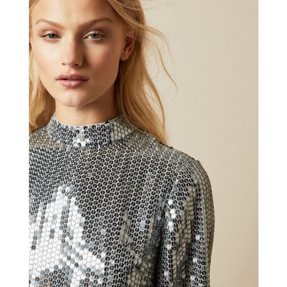 💕TED BAKER LONDON💕 Ophilla Long Sleeve Sequin Mini Dress Gunmetal 6 NWT - Picture 7 of 16
